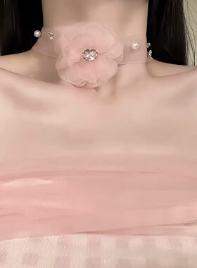 春夏绿色宝石项链小清新气质锁骨链粉色网纱花朵项链2026新款