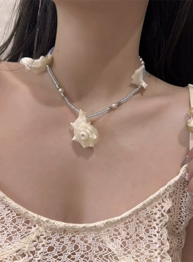 韩国东大门透明浅蓝色串珠项链海螺贝壳锁骨链甜美可爱颈链