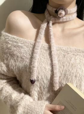 秋冬气质花朵长条毛绒项链女百搭长款围脖颈链配饰毛衣链