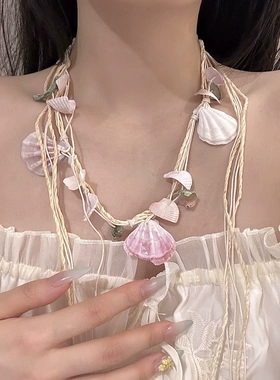 海边沙滩穿搭腰带贝壳海螺麻绳编织流苏腰链配饰复古系带长款项链