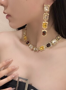 复古轻奢链钻方形chmoker颈链宫廷风气小质众夸张锁骨链镶钻