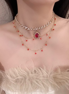 轻奢项链女款2025新款气质晚宴个性红色锁骨链