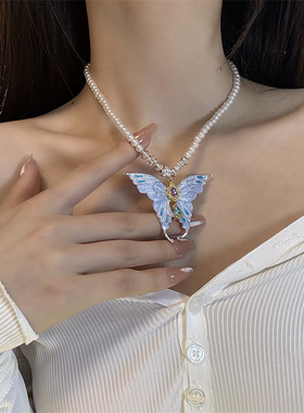合金圆珠链女性蓝色流苏蝴蝶项链