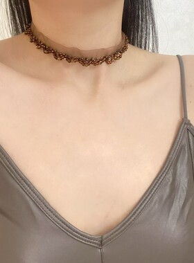 咖色系蕾丝布艺choker颈链女小众个性波西米亚风项链