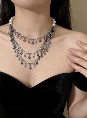 镶钻多层珍珠串珠流苏时尚项链民族风轻奢项饰女