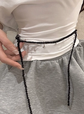 黑色小米珠长项链小众蝴蝶流苏缠绕多戴法锁骨链长条腰链时髦配饰