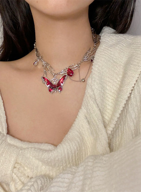 合金锁骨链女性红色蝴蝶吊坠项链