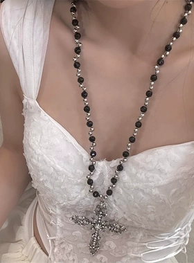 朋克风镶钻几何形吊坠项链女小众长款毛衣链轻奢卫衣链配饰