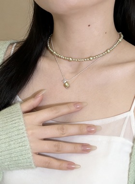 法式绿色珍珠项链女款轻奢小众锁骨链优雅气质百搭颈链配饰