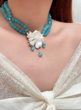 夏日清冷感湖蓝色串珠花朵项链女度假风流苏锁骨链小众设计感颈链