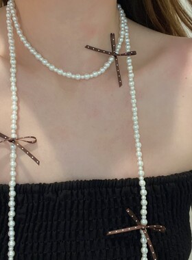 小众珍珠蝴蝶结项链优雅chocker项链辣妹多层复古小众设计锁骨链