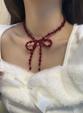 串珠圆珠链女性水晶蝴蝶结项链