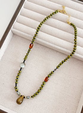 绿色水滴项链复古森系彩色串珠锁骨链民族风饰品女