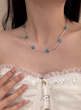 海盐气泡水！蓝色爱心串珠吊坠项链女2025新款锁骨链夏日海边配饰