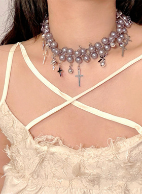 合金圆珠链女性灰色串珠铃铛项链