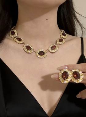 复古宫廷风花朵宝石项链女轻奢重工锁骨链配饰