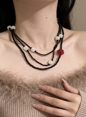 小众黑色水晶手工串珠长款项链女珍珠气质毛衣链