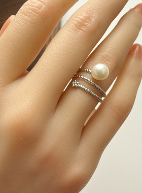 通体纯银s925银镀白金可调节戒指天然淡水珍珠贝母片温柔百搭指环