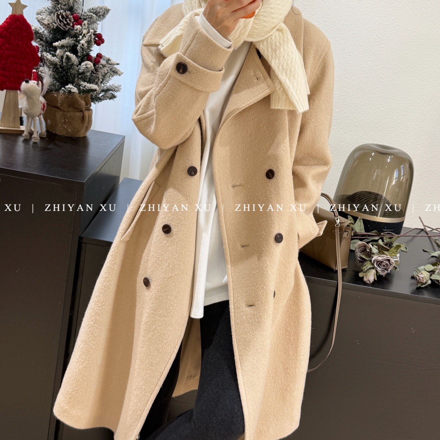 ZHIYAN XU 韩国冬季唯美温柔米色正肩双排扣长款毛呢大衣显瘦外套 - 图1