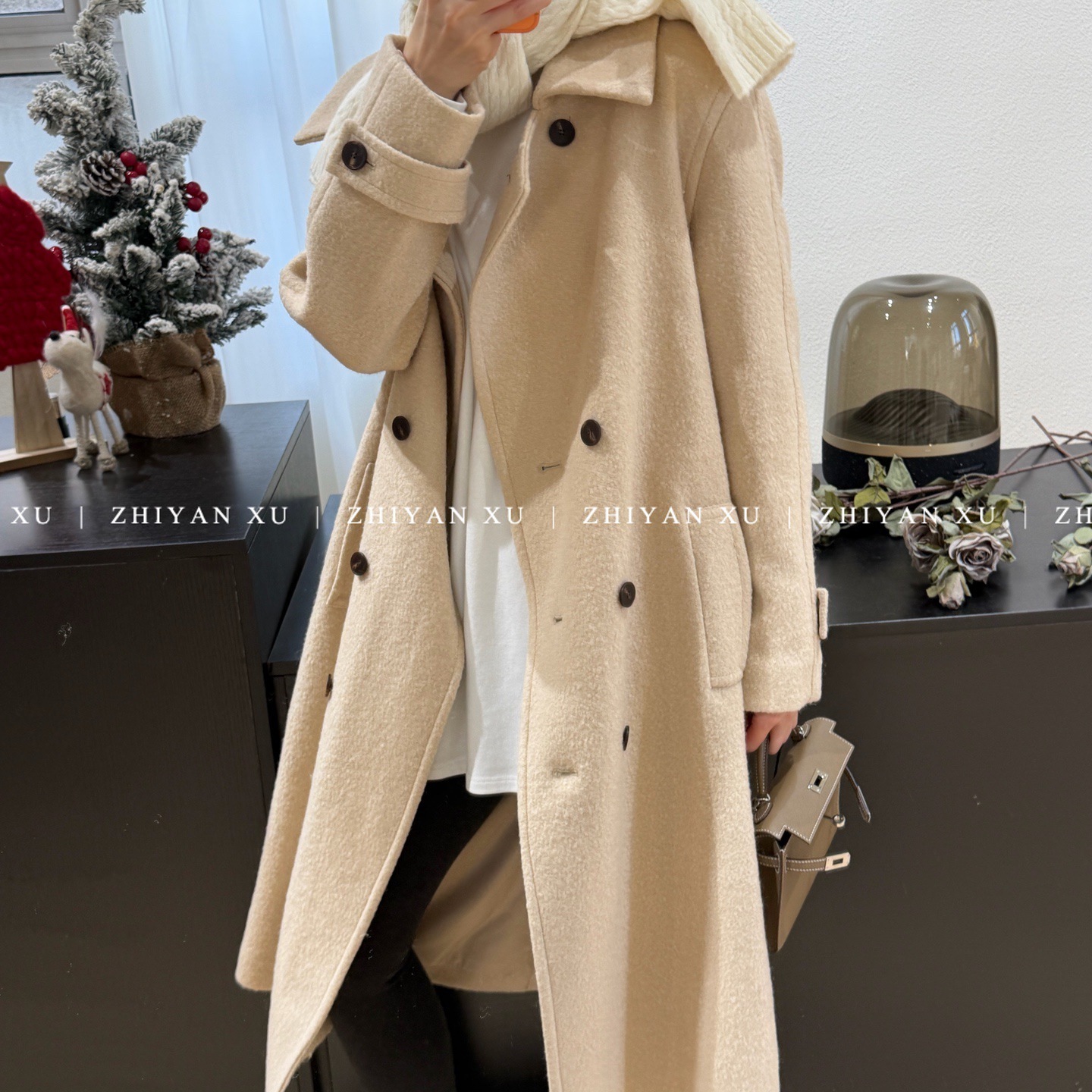 ZHIYAN XU 韩国冬季唯美温柔米色正肩双排扣长款毛呢大衣显瘦外套 - 图0