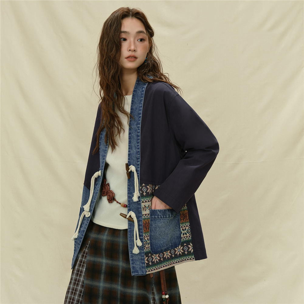 设计师款佐丹奴波嬉风提花拼接牛仔宽松V领牛角扣外套女18375819 - 图2