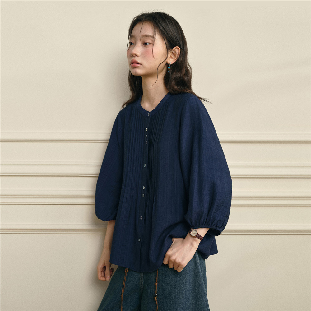 设计师款佐丹奴衬衫女夏季新款藏蓝色宽松圆领七分袖上衣18346205 衣衣实拍商品图