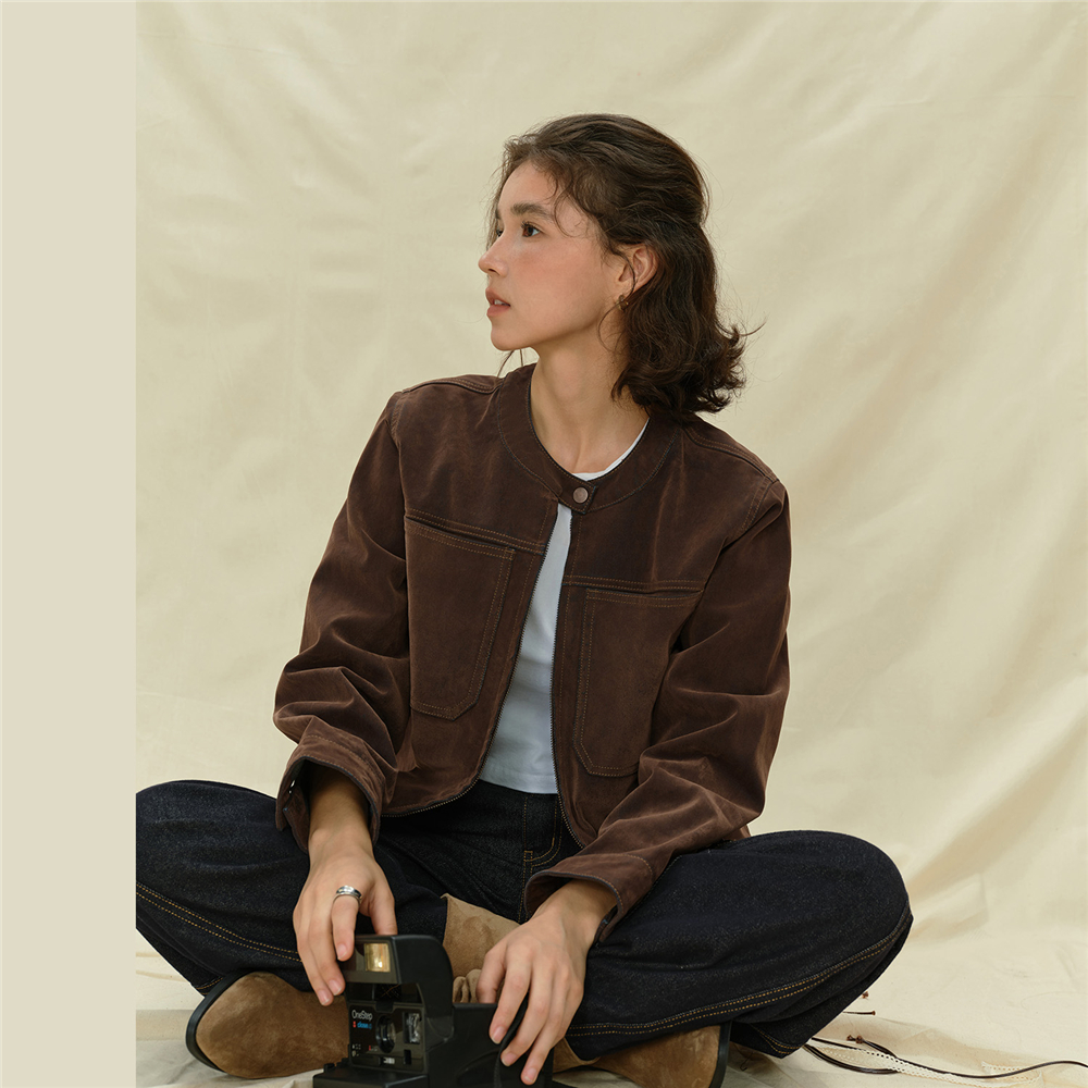 设计师款佐丹奴外套女装复古植绒牛仔双口袋宽松圆领夹克18375512 - 图1