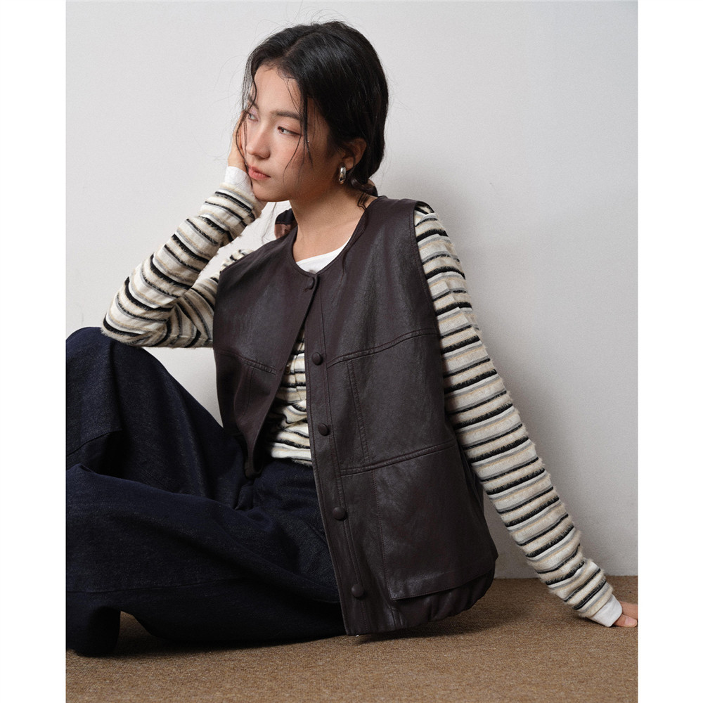 设计师款佐丹奴无袖皮衣背心女装新款圆领仿皮质马甲外套18375522,淘宝优惠券,粉丝福利购,淘宝优惠卷