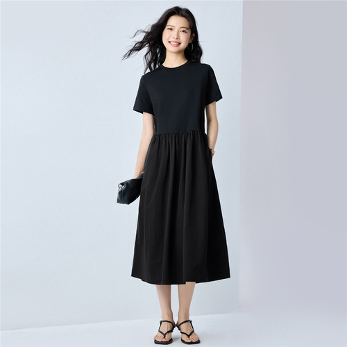 佐丹奴裙子女2026夏新款拼接小黑裙极简风圆领短袖连衣裙13466307 - 图2