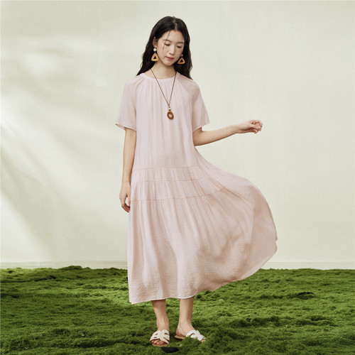 设计师款佐丹奴短袖裙子女装飘带花朵装饰圆领插肩连衣裙18466709 - 图3