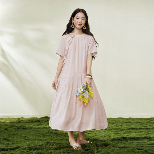 设计师款佐丹奴短袖裙子女装飘带花朵装饰圆领插肩连衣裙18466709 - 图1