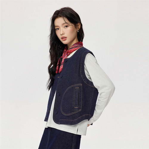 佐丹奴牛仔马甲女新款复古明线马夹女士圆领牛仔背心外套05375671 - 图1