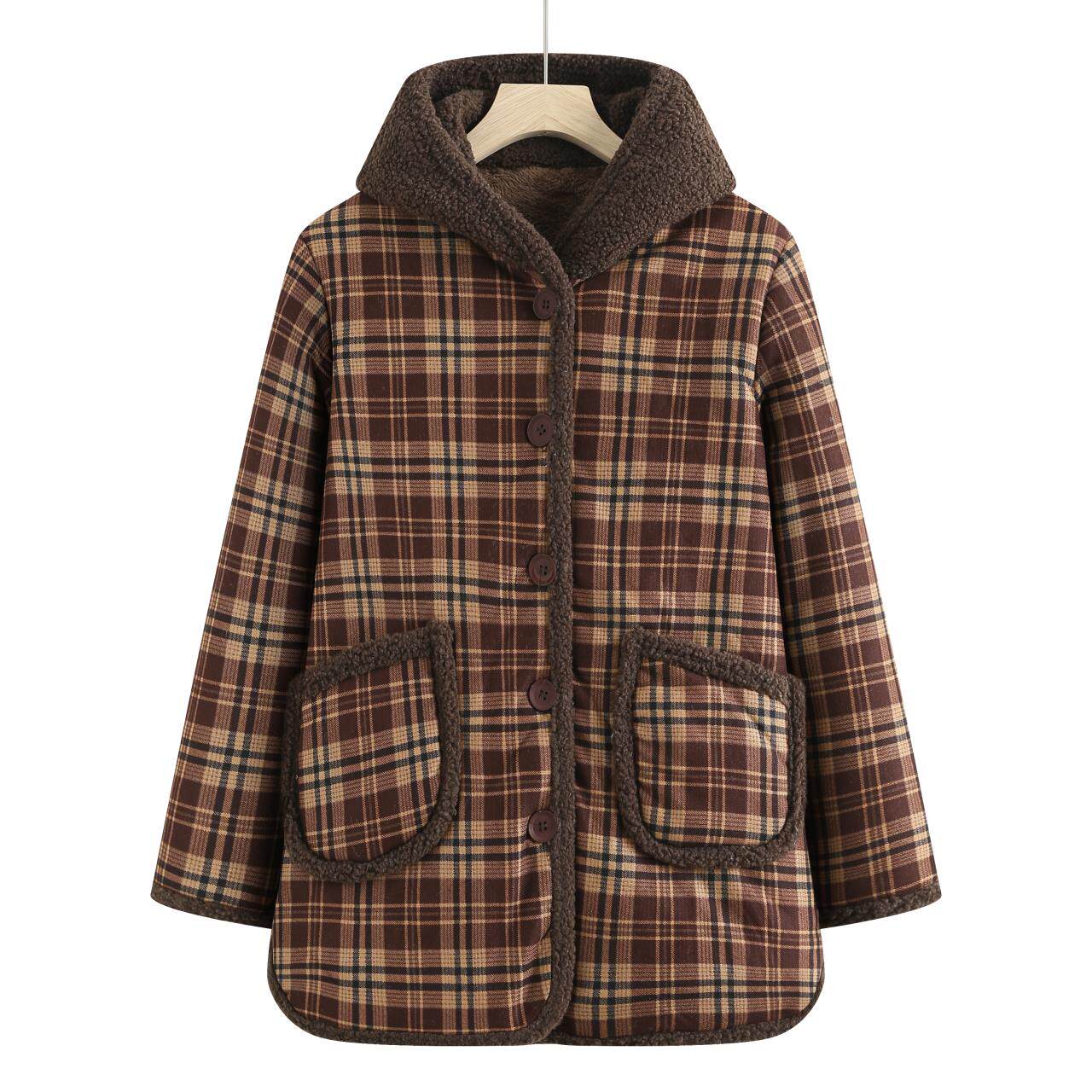 妈妈装棉衣女冬保暖加绒加厚中款洋气中老年宽松格子连秋冬帽棉袄,淘宝优惠券,粉丝福利购,淘宝优惠卷