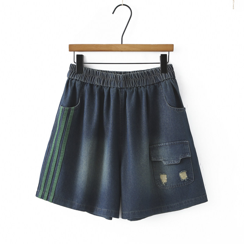 夏季时尚薄款牛仔休闲宽松阔腿裤胖mm松紧新款大码拼接显瘦短裤,淘宝优惠券,粉丝福利购,淘宝优惠卷