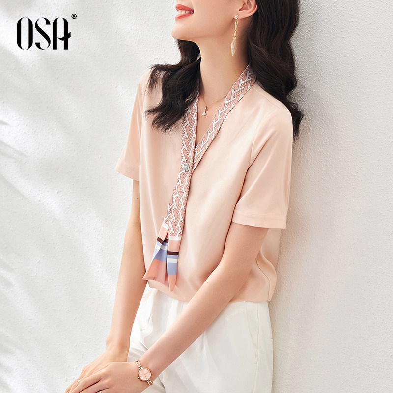 osa欧莎蓝色短袖雪纺衫夏季衬衫 osa卿衣落蕾丝衫/雪纺衫