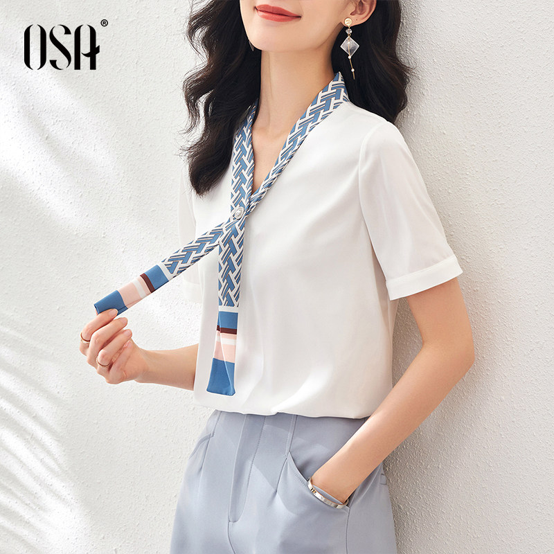 osa欧莎蓝色短袖雪纺衫夏季衬衫 osa卿衣落蕾丝衫/雪纺衫