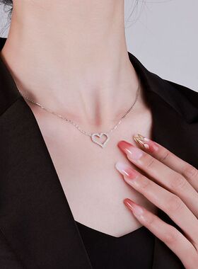 2025新款轻奢镂空满钻爱心项链925纯银女心形颈链简约百搭项链