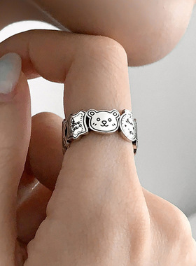 新款涂鸦小熊姜饼人戒指女复古可爱ins风泰银卡通指环圣诞节礼物