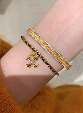 爱心小提溜小克重克罗风十字架黑金手链法式复古金编织红绳手链女