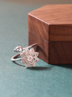 S925银戒指时尚民族复古风莲花花苞开口食指戒指女