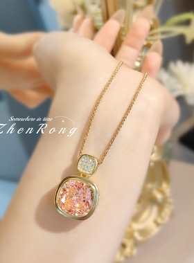 高级感时尚轻奢冰花切帕帕拉恰落日橙吊坠高碳钻肥方摩根石项链女