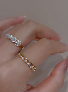 s925纯银法式浪漫多层镶钻小众设计感珍珠戒指可调节食指戒新款潮