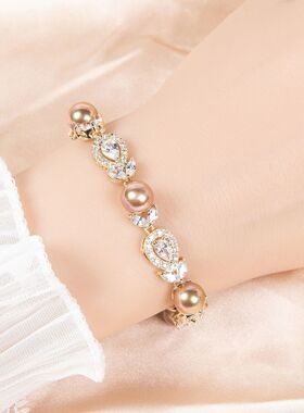 跨境欧美奢华珍珠宝石手链满钻AAA锆石宴会精美配饰新娘手饰