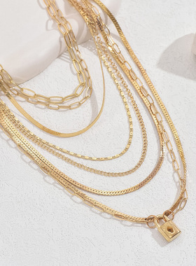 欧美个性简约风多层项链女时尚小众锁头设计长款链条嘻哈锁骨链