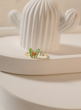 925银精致镶钻滴釉绿色蝴蝶戒指镀金开口可调节食指戒时尚小清新
