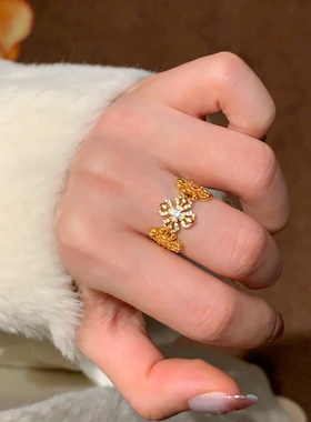 新中式重工镶钻十字金刚杵戒指女Vintage中古风爆闪满钻精致指环