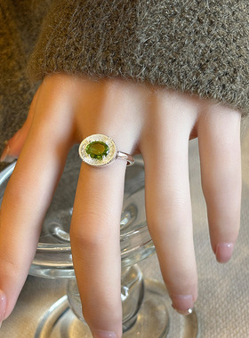 日韩简约橄榄绿锆石拉丝椭圆戒指女百搭个性质感高级优雅时尚指环