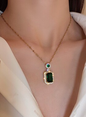 925银针锆石祖母绿水晶几何耳环项链套装复古高级耳钉气质锁骨链