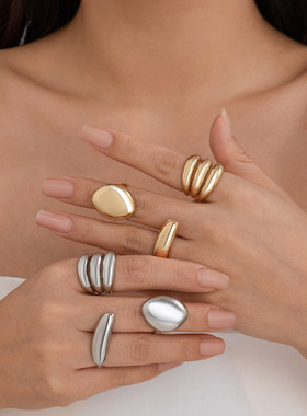 欧美跨境设计感几何Ring小众开口指环食指戒子熔岩金属风弧形戒指