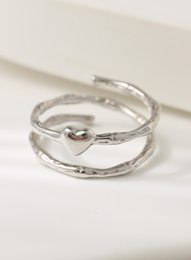 s925纯银爱心缠绕线圈弹簧戒指女褶皱感时髦螺旋食指戒开口可调节